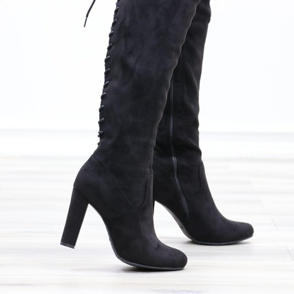 Black Over The Knee Heeled Boots Thigh High Suede With Lace Up Back - Picture 8 of 14